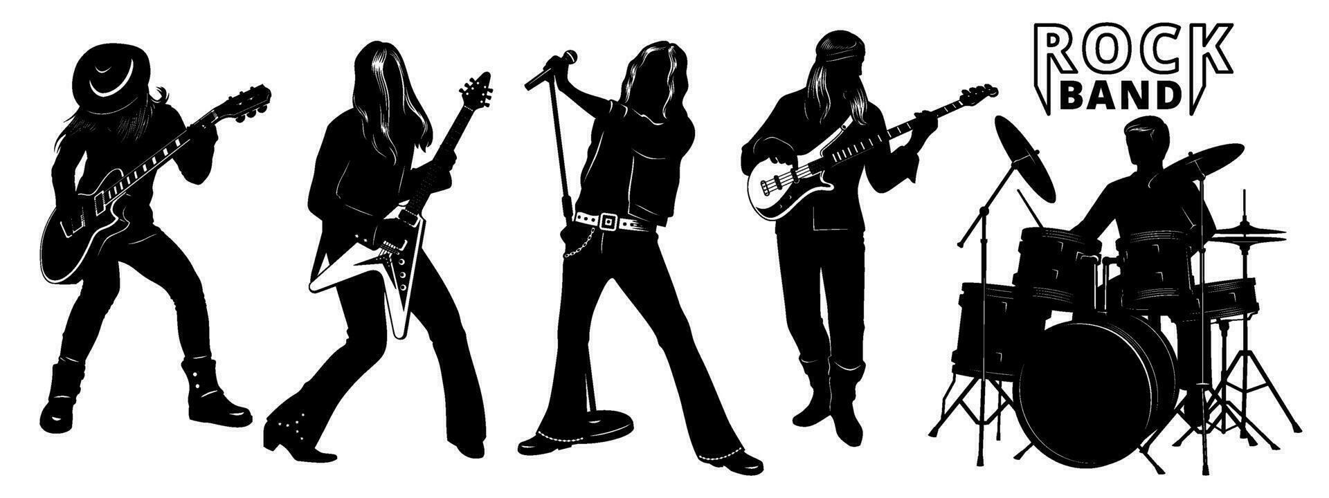 rots band silhouetten. zanger, twee elektrisch gitaren, bas gitaar en trommelaar. vector cliparts geïsoleerd Aan wit.