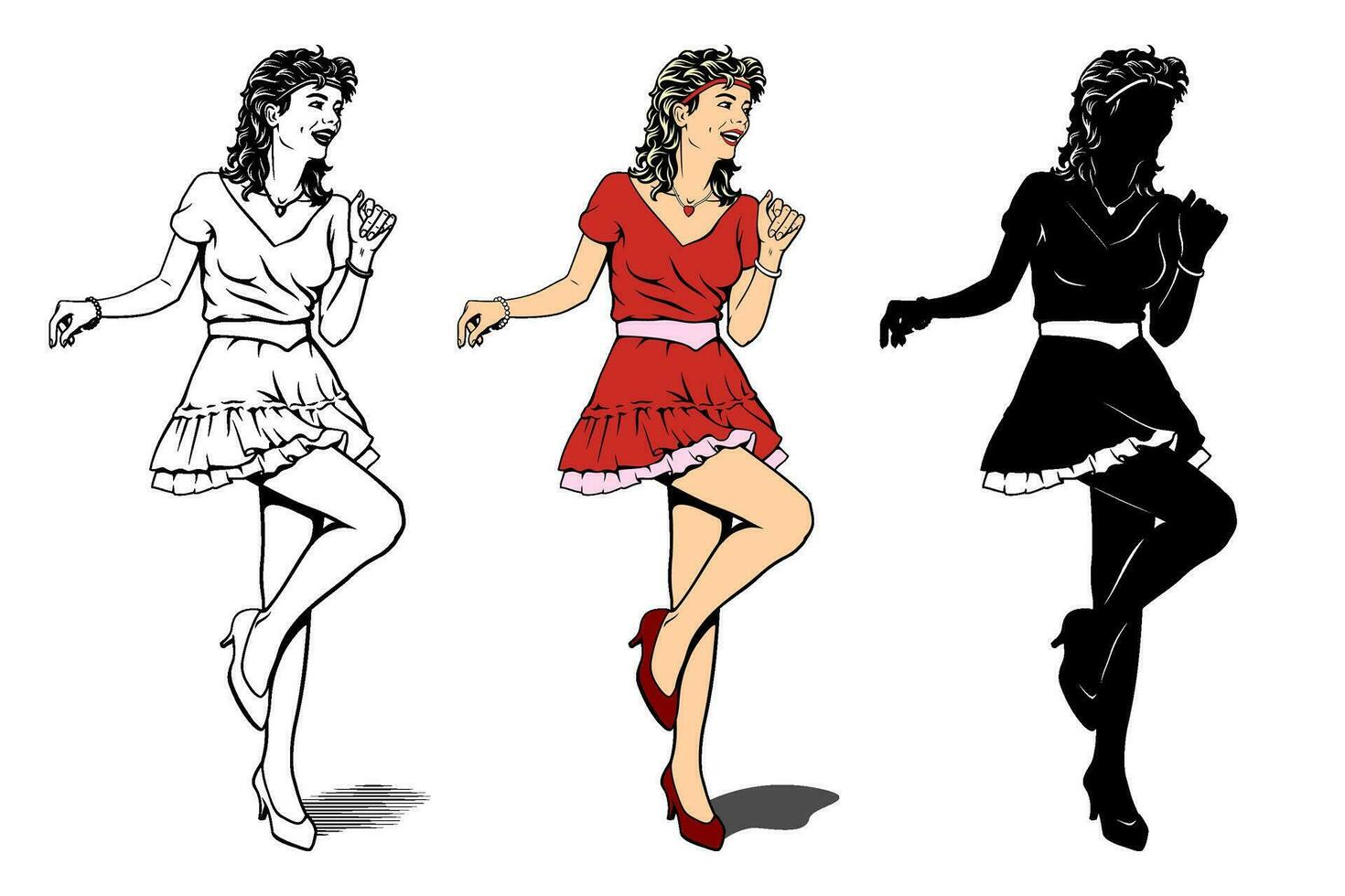 dansen vrouw karakter. meisje in de rood jurk dansen. schets, kleur en silhouet cliparts geïsoleerd Aan wit. vector