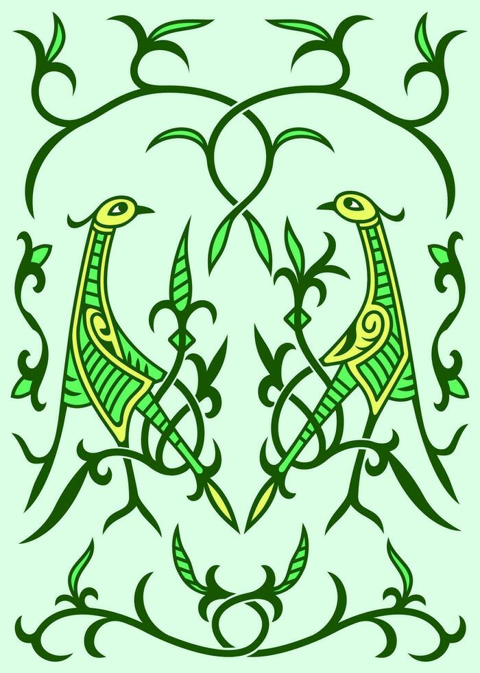 dansen ooievaars. traditioneel Slavisch ornament in groen voorjaar kleuren. vector illustratie, poster.