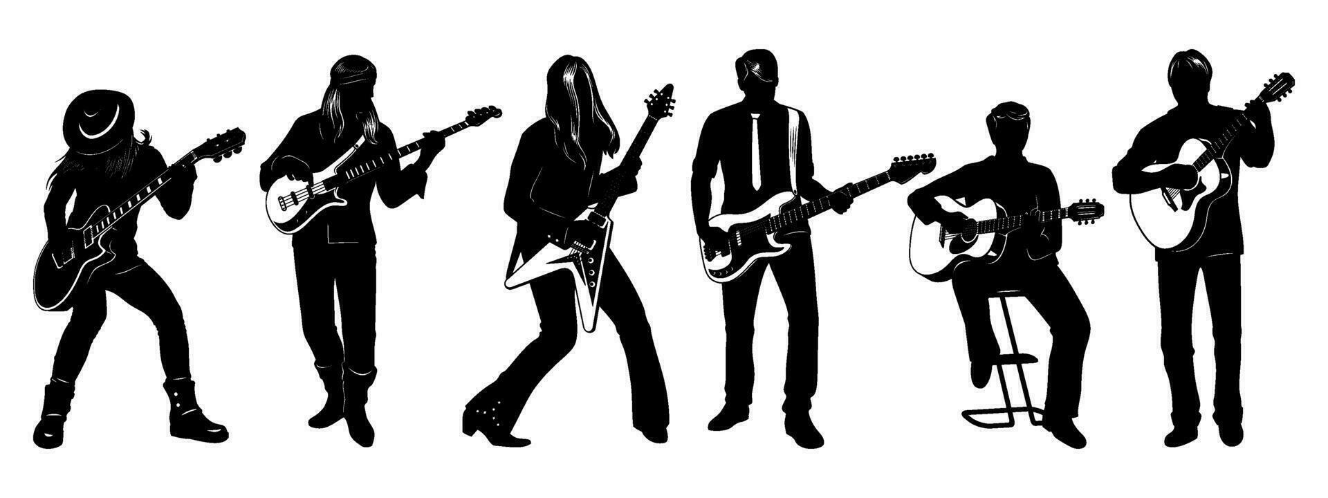 gitaristen silhouet set. mannen spelen Aan elektrisch en akoestisch gitaren. vector cliparts geïsoleerd Aan wit.