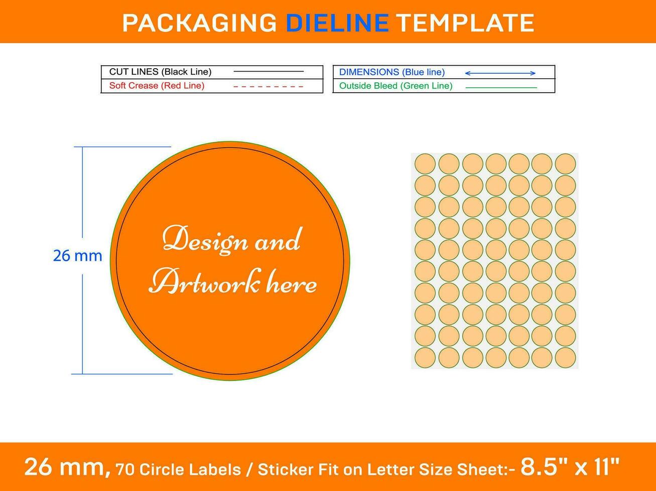 70st 26 mm cirkel of ronde etiket sticker dieline sjabloon vector