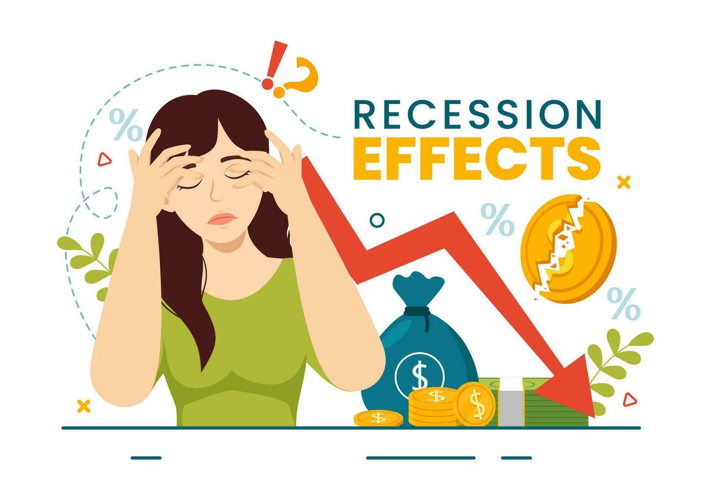 recessie Effecten vector illustratie met gevolg Aan economisch groei en zuinig werkzaamheid afwijzen resultaat in vlak tekenfilm hand- getrokken Sjablonen