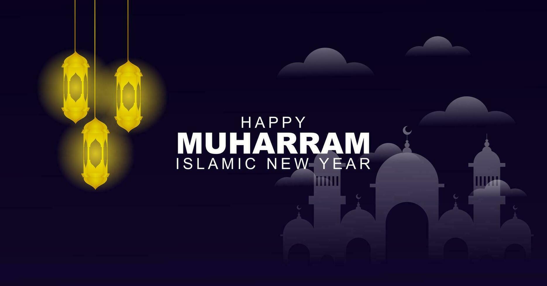 gelukkig Islamitisch nieuw jaar, groet kaart poster banier ontwerp versierd met lantaarns en moskeeën vector