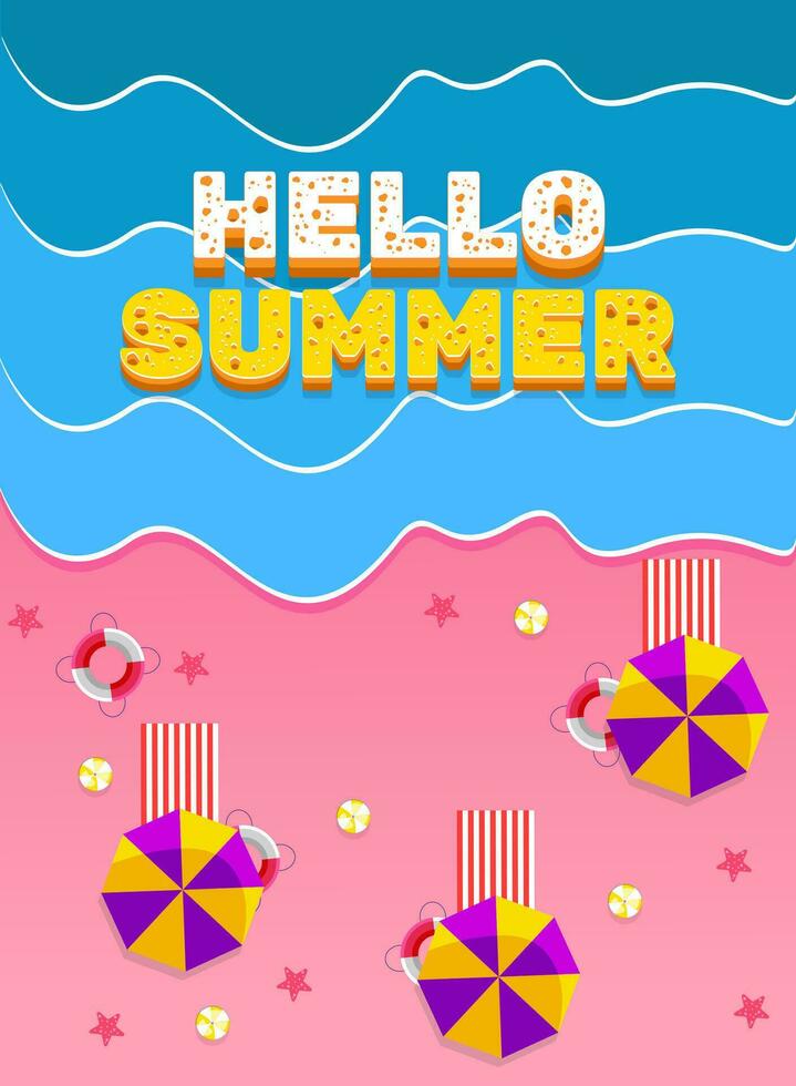 zomer vakantie. verticaal banier poster ontwerp met decoratief paraplu's, drijft, strand bal en zeester met mooi strand golven vector