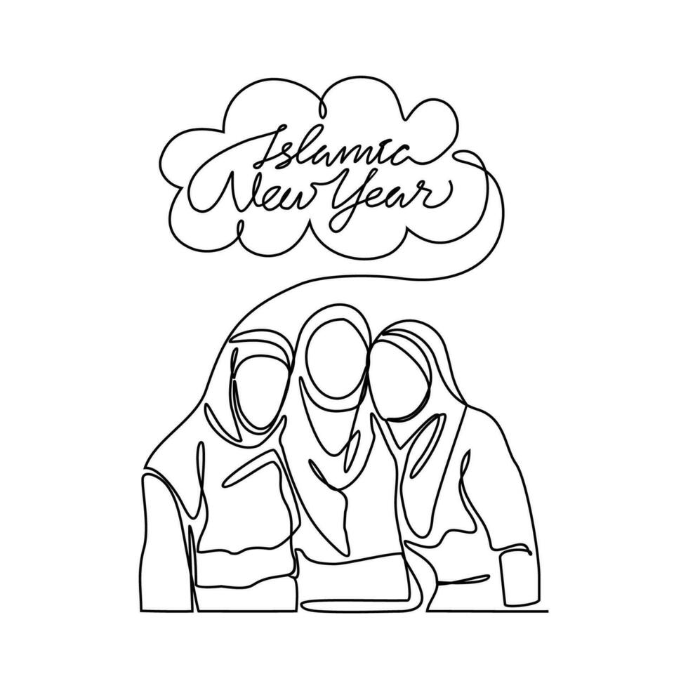 een doorlopend lijn tekening van illustratie van mensen wie zijn gelukkig naar Welkom de Islamitisch nieuw jaar. Islamitisch nieuw jaar vakantie concept in gemakkelijk lineair stijl. Islamitisch ontwerp concept vector illustratie