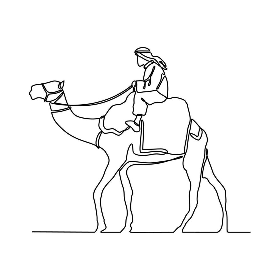 een doorlopend lijn tekening van mensen zijn rijden kamelen in de woestijn net zo symbool voor hijra. Islamitisch nieuw jaar vakantie concept in gemakkelijk lineair stijl. Islamitisch nieuw jaar ontwerp concept vector illustratie