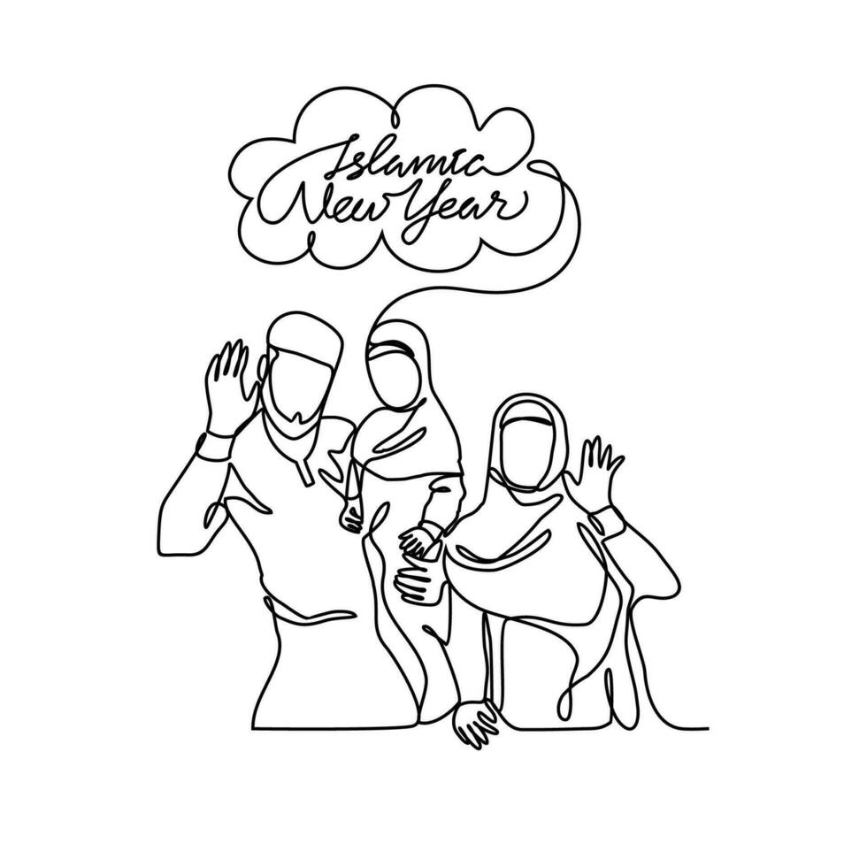 een doorlopend lijn tekening van illustratie van mensen wie zijn gelukkig naar Welkom de Islamitisch nieuw jaar. Islamitisch nieuw jaar vakantie concept in gemakkelijk lineair stijl. Islamitisch ontwerp concept vector illustratie