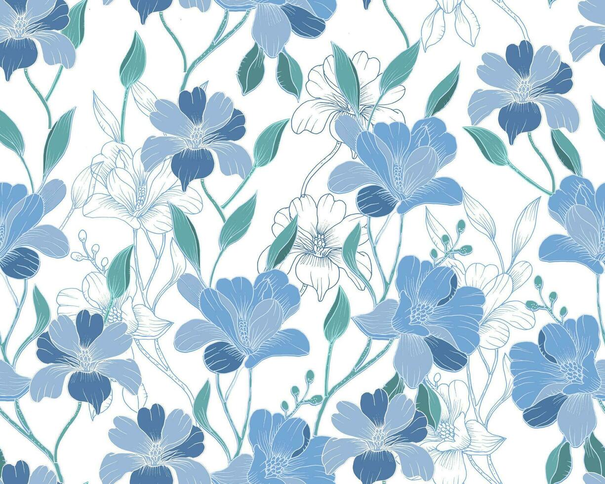 blauw hand- getrokken bloem naadloos patroon vector
