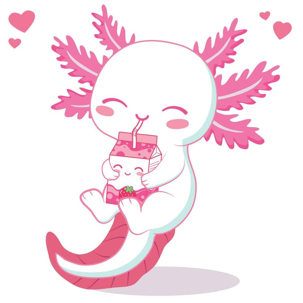 kawaii axolotl drinken aardbei melk thee tekenfilm vector illustratie