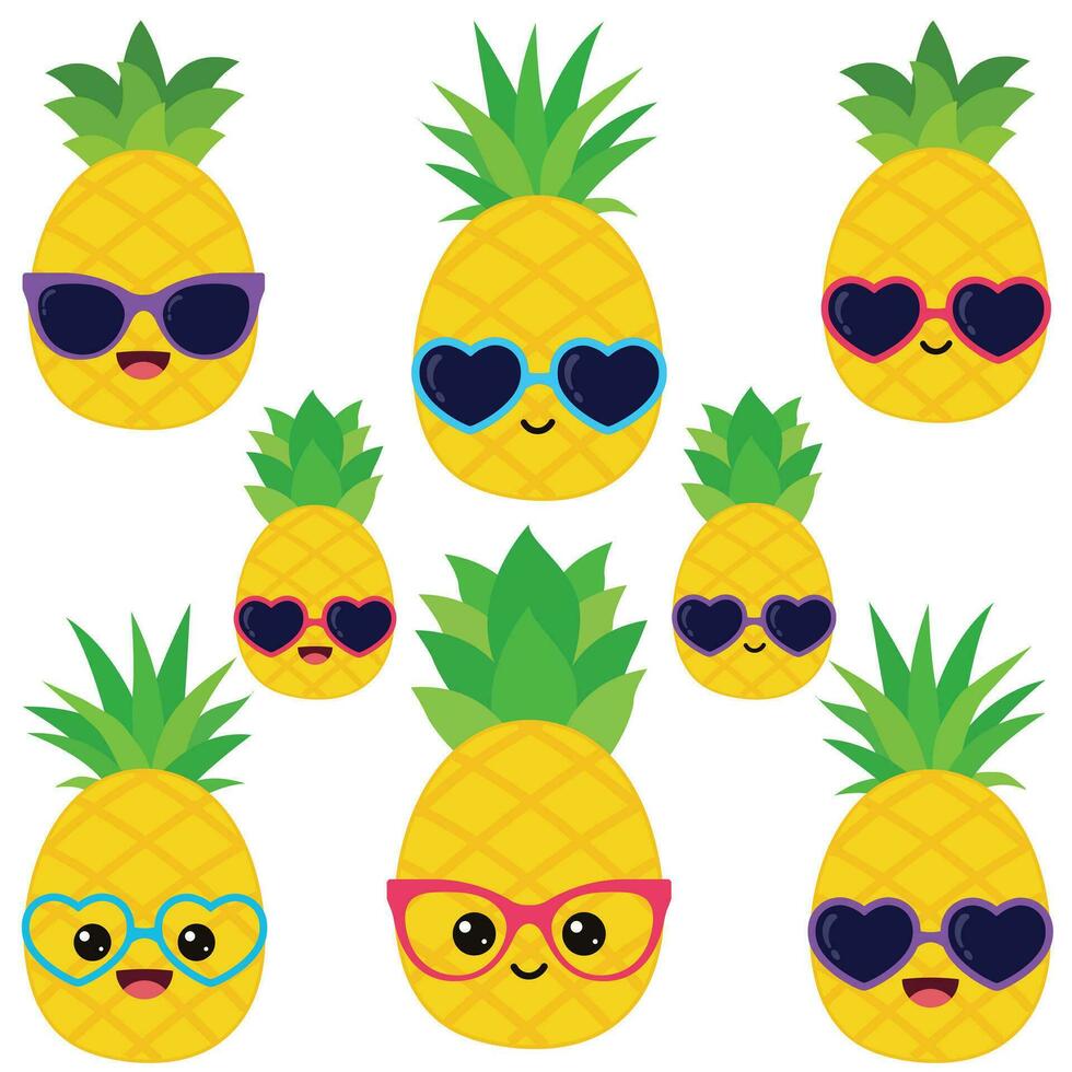 gelukkig glimlachen kawaii schattig ananas. vector vlak fruit karakter illustratie mascotte ontwerp. geïsoleerd Aan wit achtergrond.