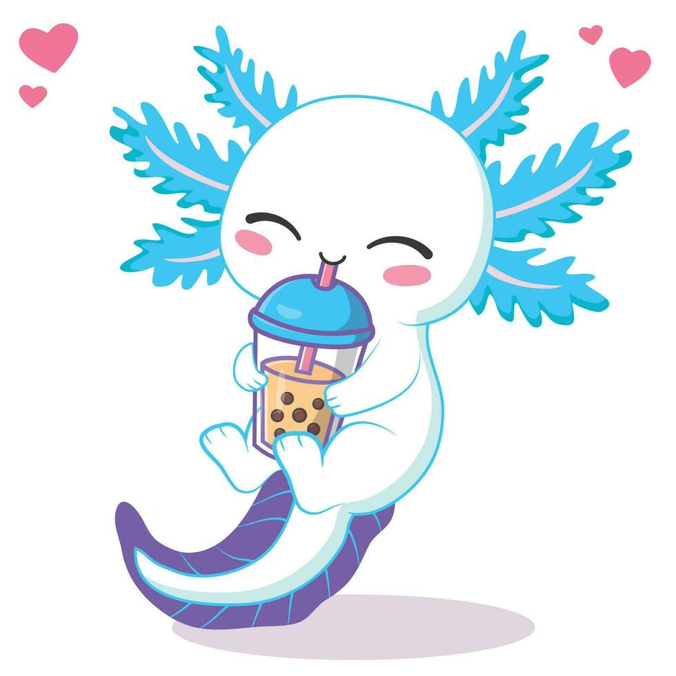 kawaii axolotl drinken boba melk thee tekenfilm vector illustratie