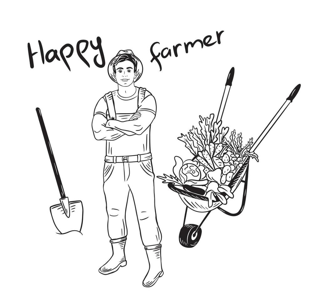 een jong boer staat met een Schep en een kar met groenten.landbouw concept.landbouw.vector illustratie. vector