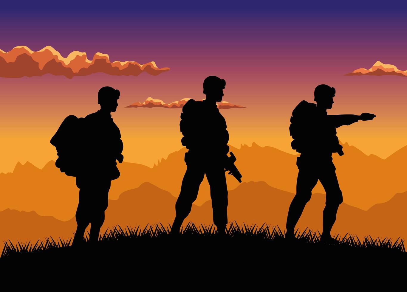 militaire soldaten silhouetten figuren in de zonsondergangscène van het kamp vector