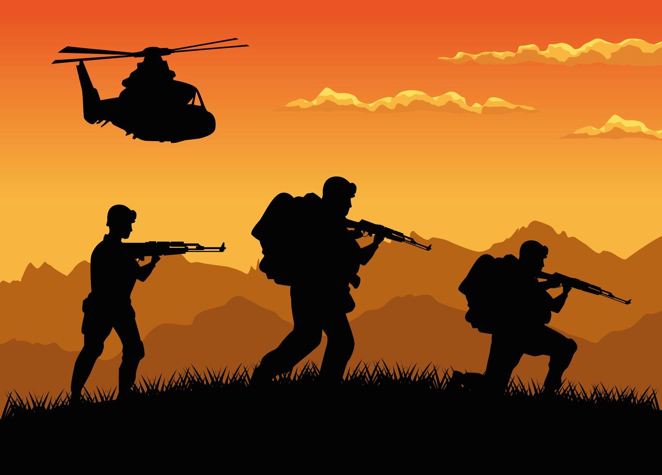 militaire soldaten met geweren en helikoptersilhouetten zonsondergangscène vector
