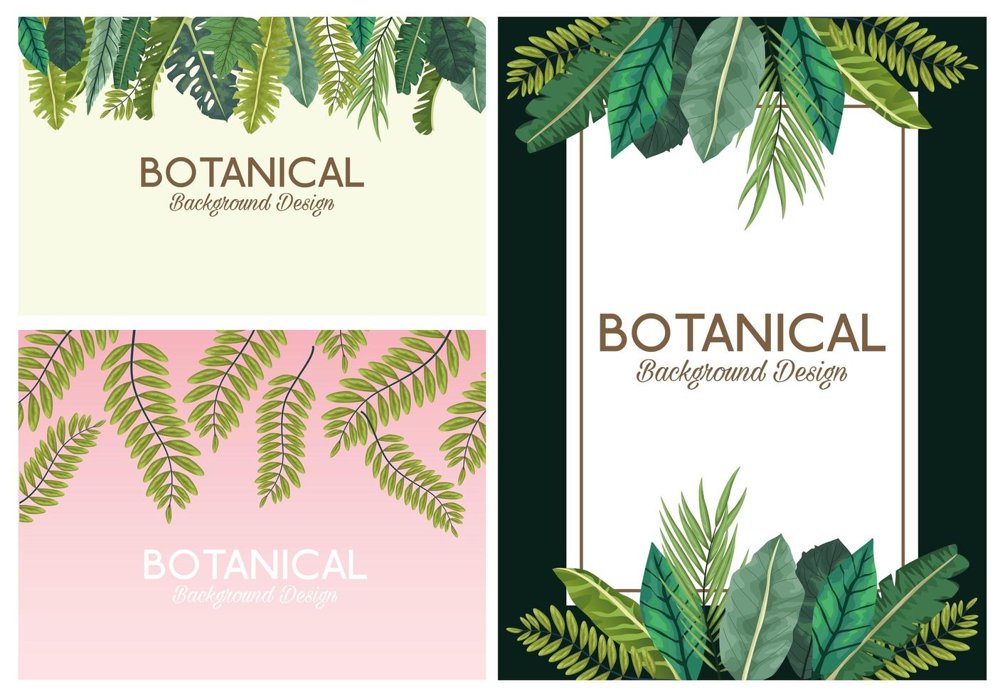 tropische bladeren in kaders en belettering botanische achtergronden ontwerpen vector