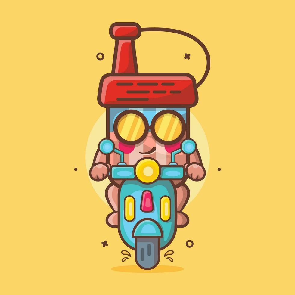 koel soja saus fles karakter mascotte rijden scooter motorfiets geïsoleerd tekenfilm in vlak stijl ontwerp vector