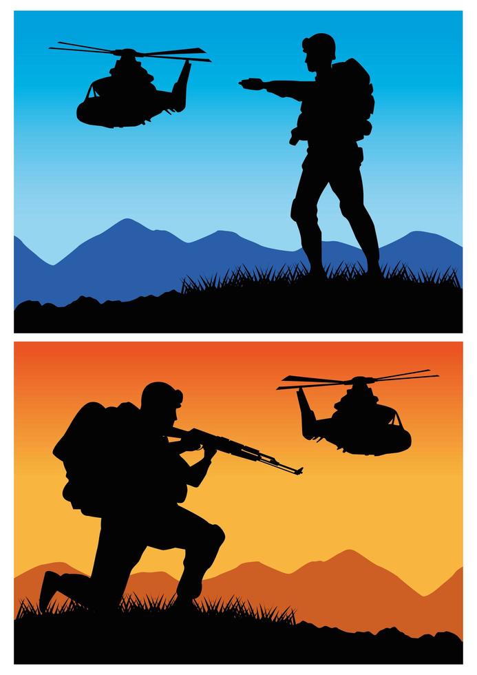 militaire soldaten met geweren en helikopters silhouetten vector
