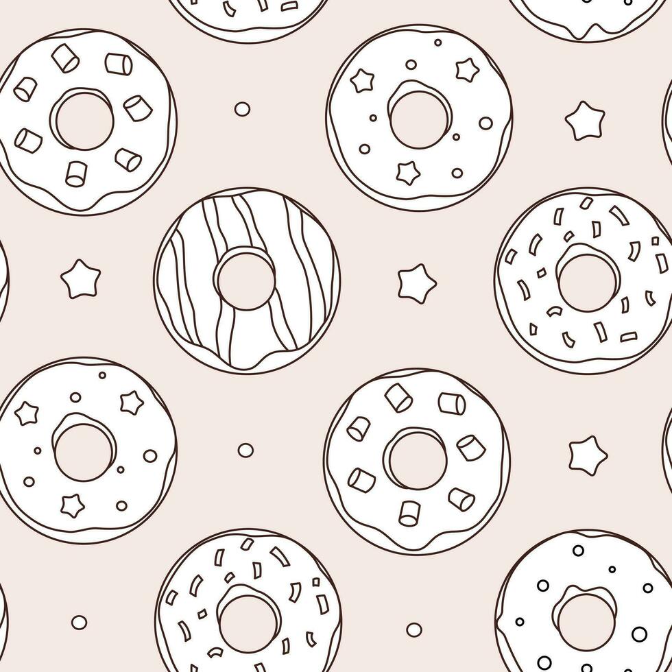 tekening donuts naadloos patroon. divers schets donuts en sterren Aan pastel pale roze achtergrond. hand- getrokken minimaal eindeloos keuken textiel of achtergronden afdrukken ontwerp. vector illustratie.