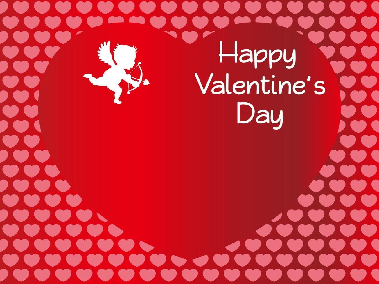 Valentijnsdag naadloze vectorkaartsjabloon met een witte cupido die in een grote rode hartvorm vliegt vector