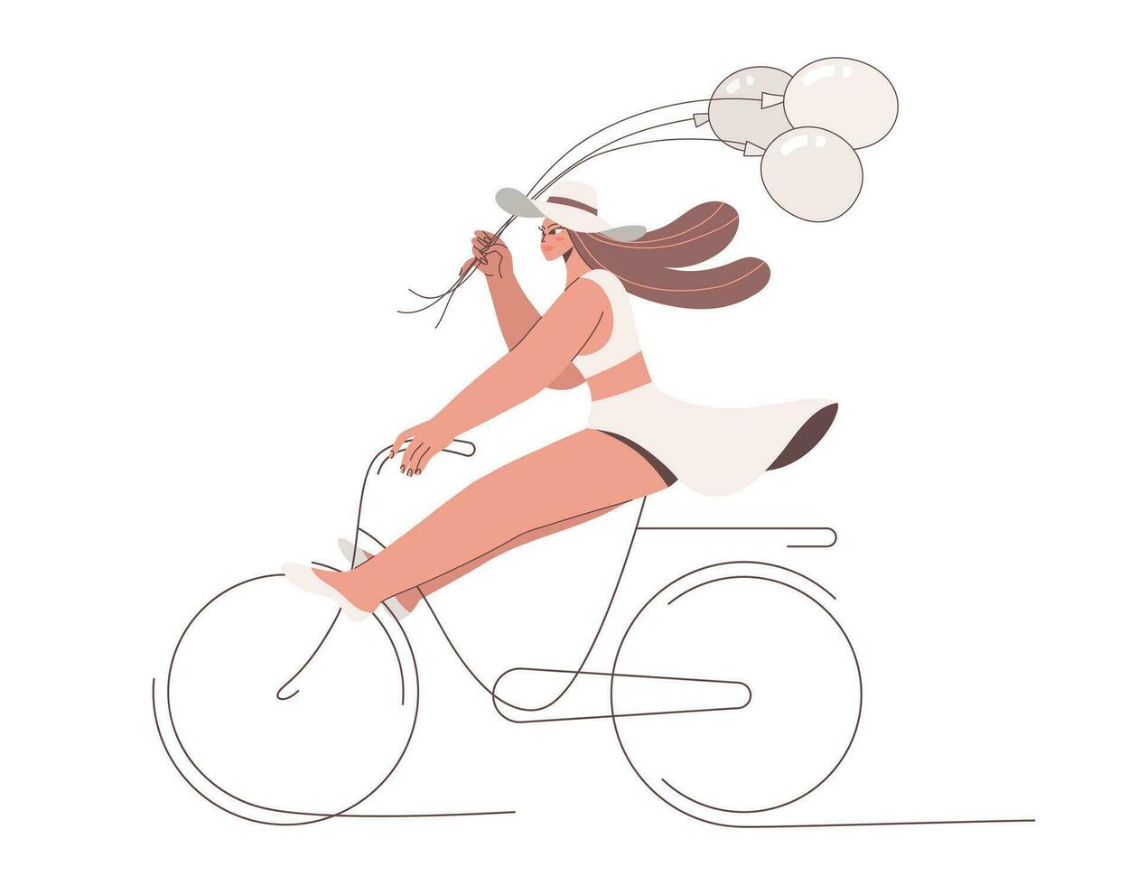 jong vrouw vervelend een wit jurk en een wit hoed Holding ballonnen en rijden een fiets in een ontspannen en gelukkig. vector ontwerp illustratie