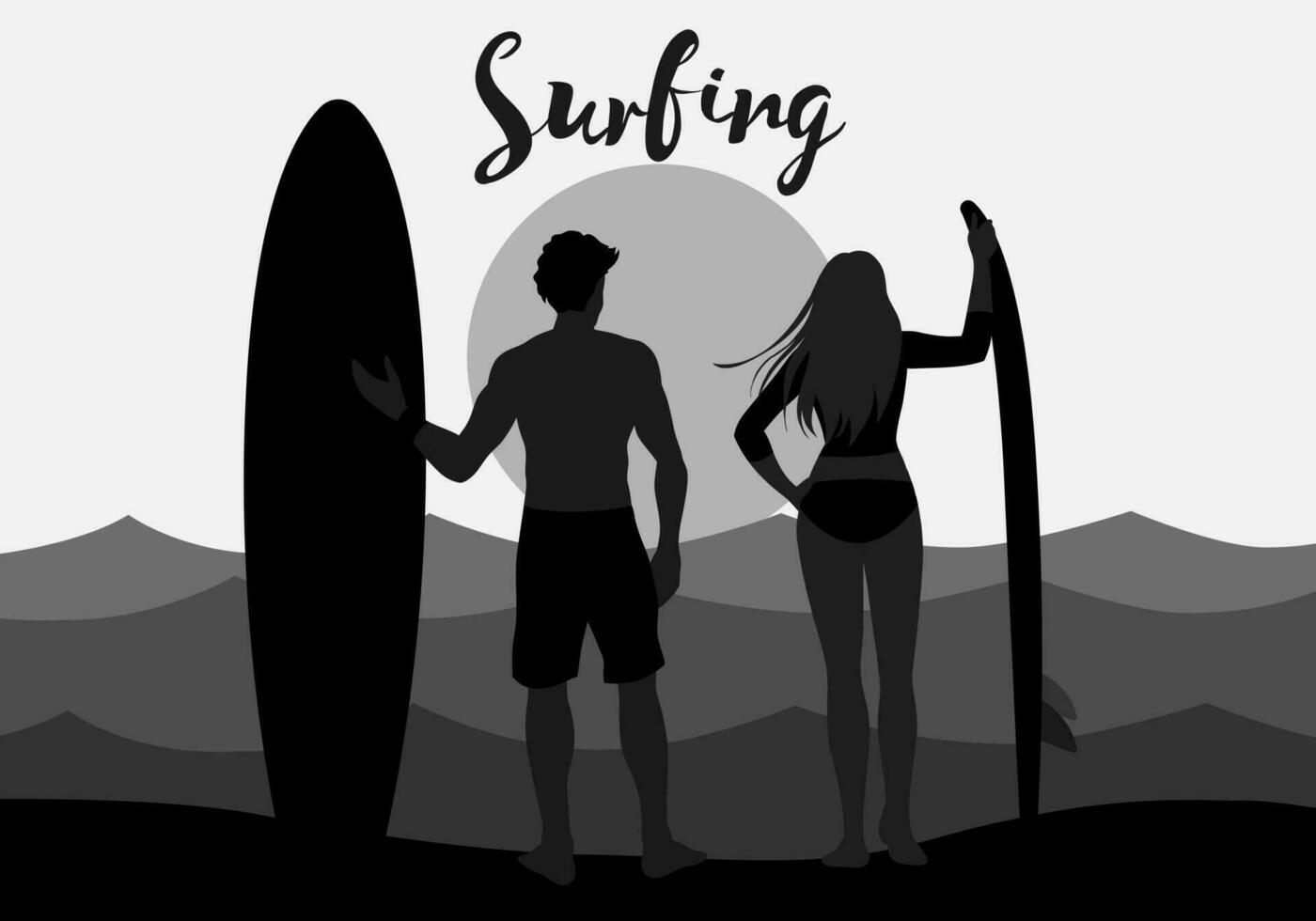 silhouetten van jong mannen en Dames surfing in zwemkleding met surfplanken Aan de strand met sterk golven, en Aan een wit achtergrond. vector ontwerp illustratie.