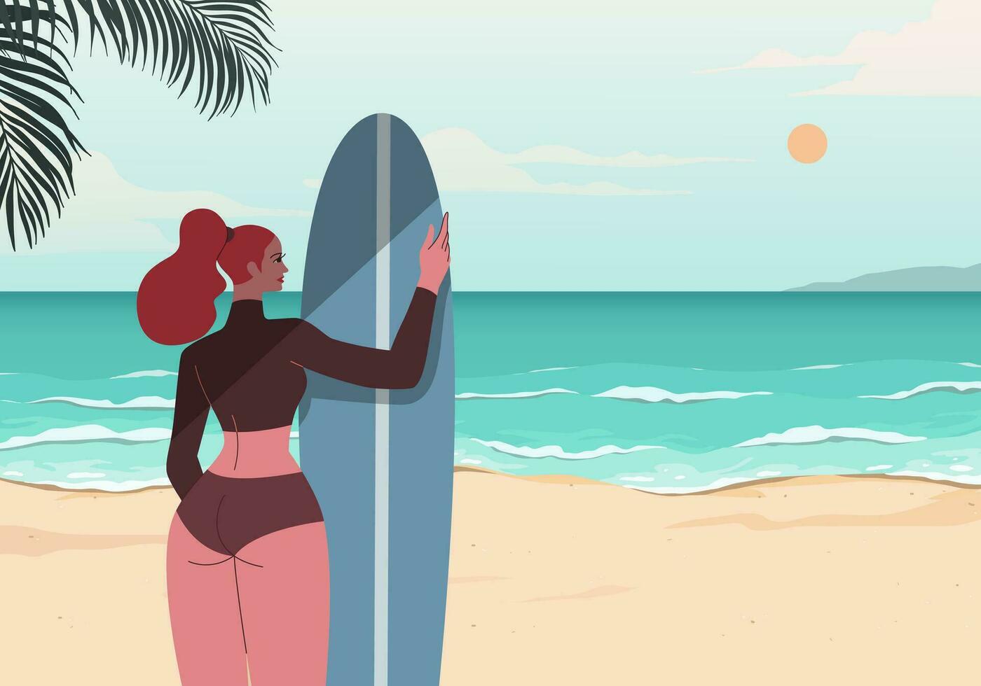 jong vrouw in zwemmen pak staand met surfboard Aan de strand. vector ontwerp illustratie.