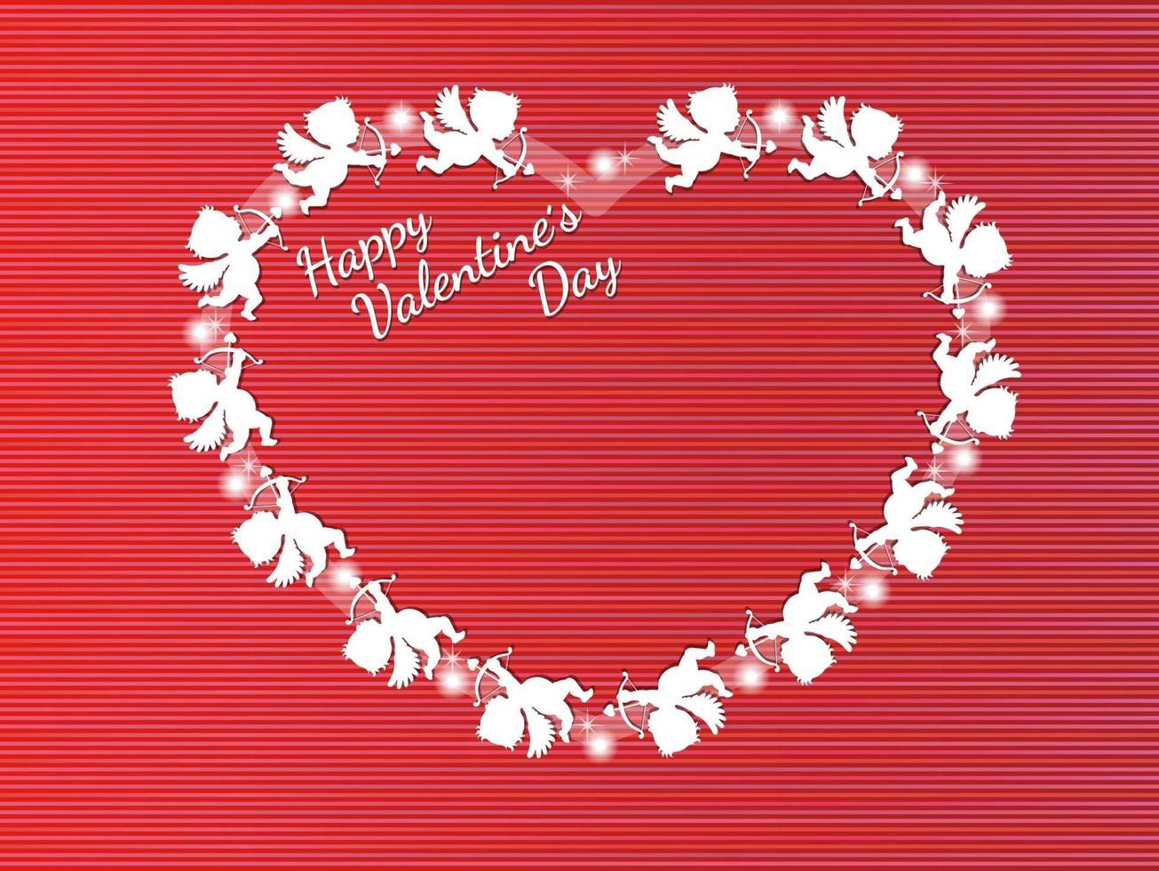 Valentijnsdag vector kaartsjabloon met witte cupido's vliegen in een hartvormig traject flying