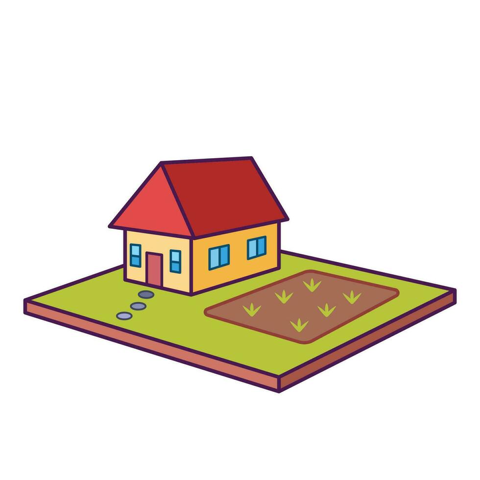 klein geel gekleurde huis met rood dak Aan dorp of land kant met klein tuin gekleurde vector icoon geschetst geïsoleerd Aan plein wit achtergrond. gemakkelijk vlak minimalistische geschetst tekening.