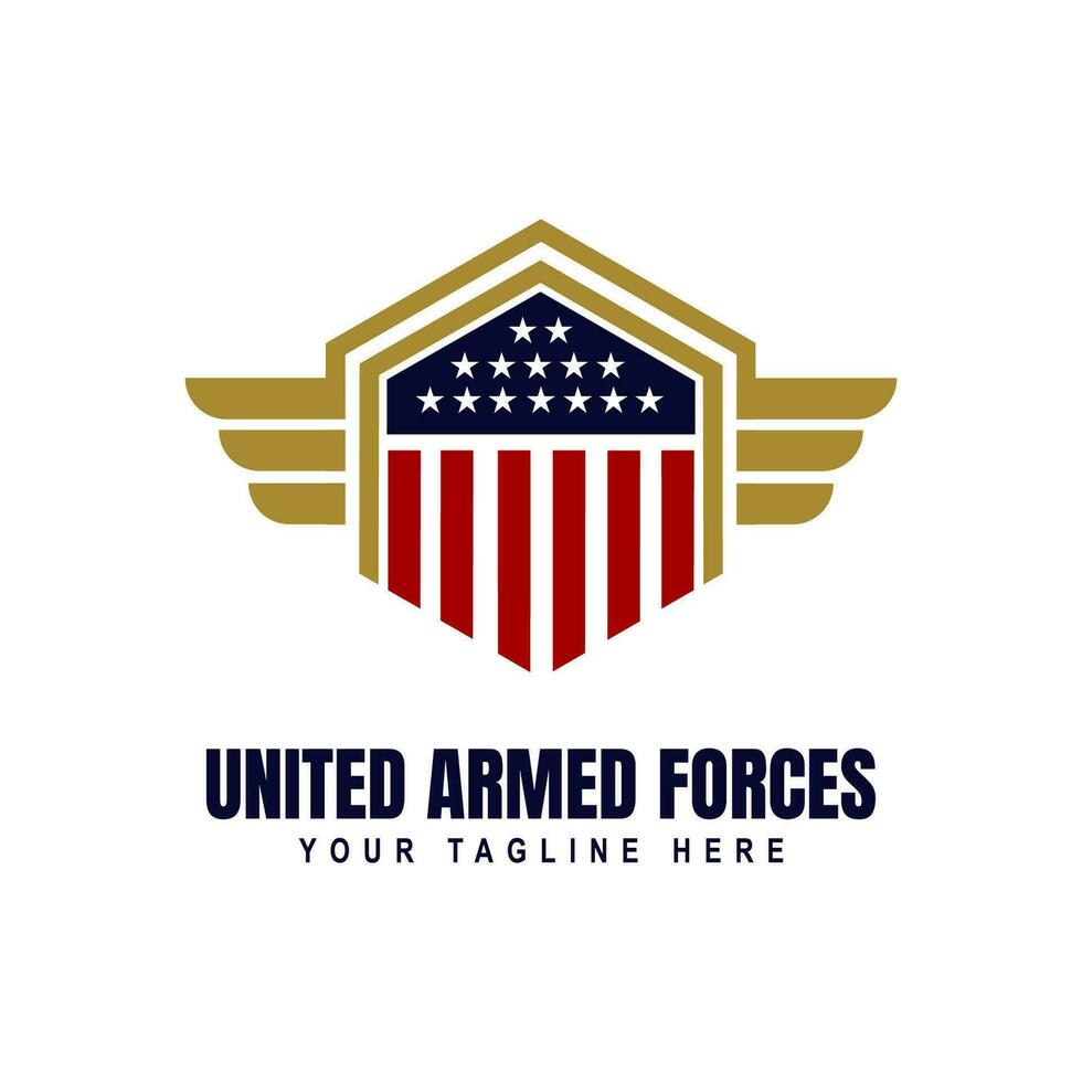 Verenigde staten gewapend krachten vector logo met Vleugels van leger sterren Aan schild. leger of marine luchtvaart heraldisch insigne of symbool ontwerp voor gewapend onderhoud divisie, vlucht, groep of eskader