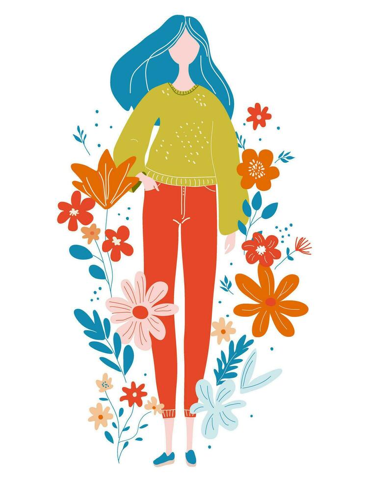 illustratie van meisje met blauw haar- in gewoontjes kleren in trui en jeans staand omringd door bloemen. vector in vlak stijl karakter mooi vrouw voor verpakking afdrukken of ansichtkaart