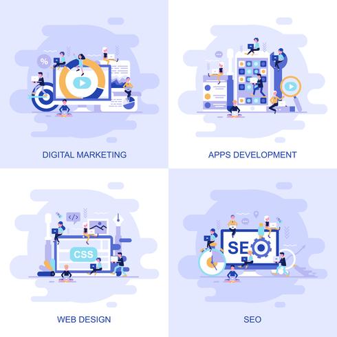 Moderne platte concept webbanner van Seo, webdesign, apps ontwikkeling en digitale marketing met ingerichte kleine mensen karakter. vector
