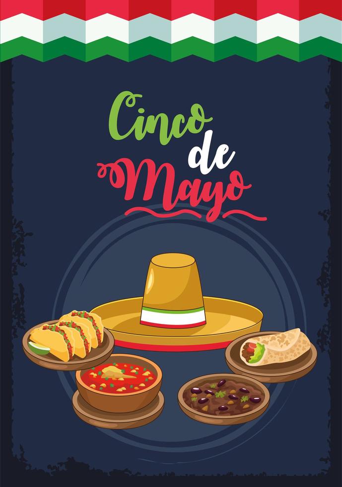 cinco de mayo-feest met mariachi-hoed en eten vector