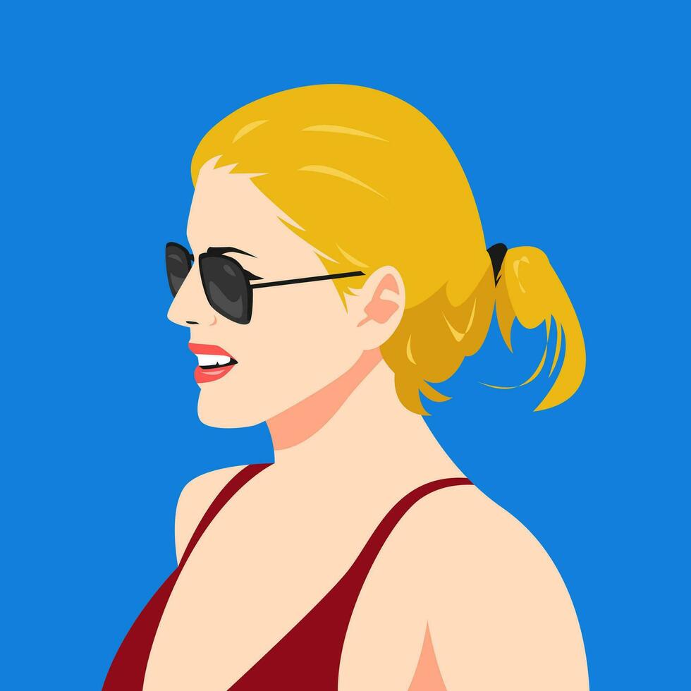 portret van paardenstaart blond vrouw in bikini en zonnebril. kant visie. zomer concept, strand. geschikt voor avatar, sociaal media profiel, afdrukken, enz. vector vlak grafisch.