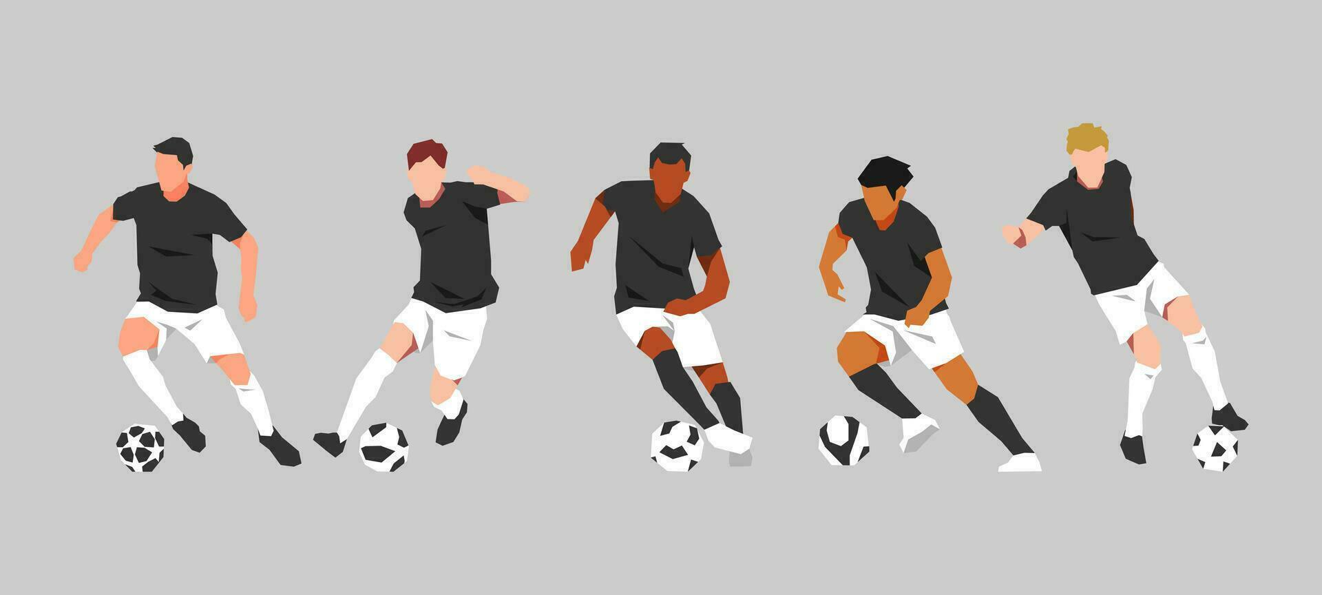 groep van voetbal atleten dribbelen een bal. met verschillend poseert, gebaren, huid kleur. sport, werkzaamheid, verscheidenheid concept. geschikt voor afdrukken, poster, sticker. grafisch vlak vector reeks