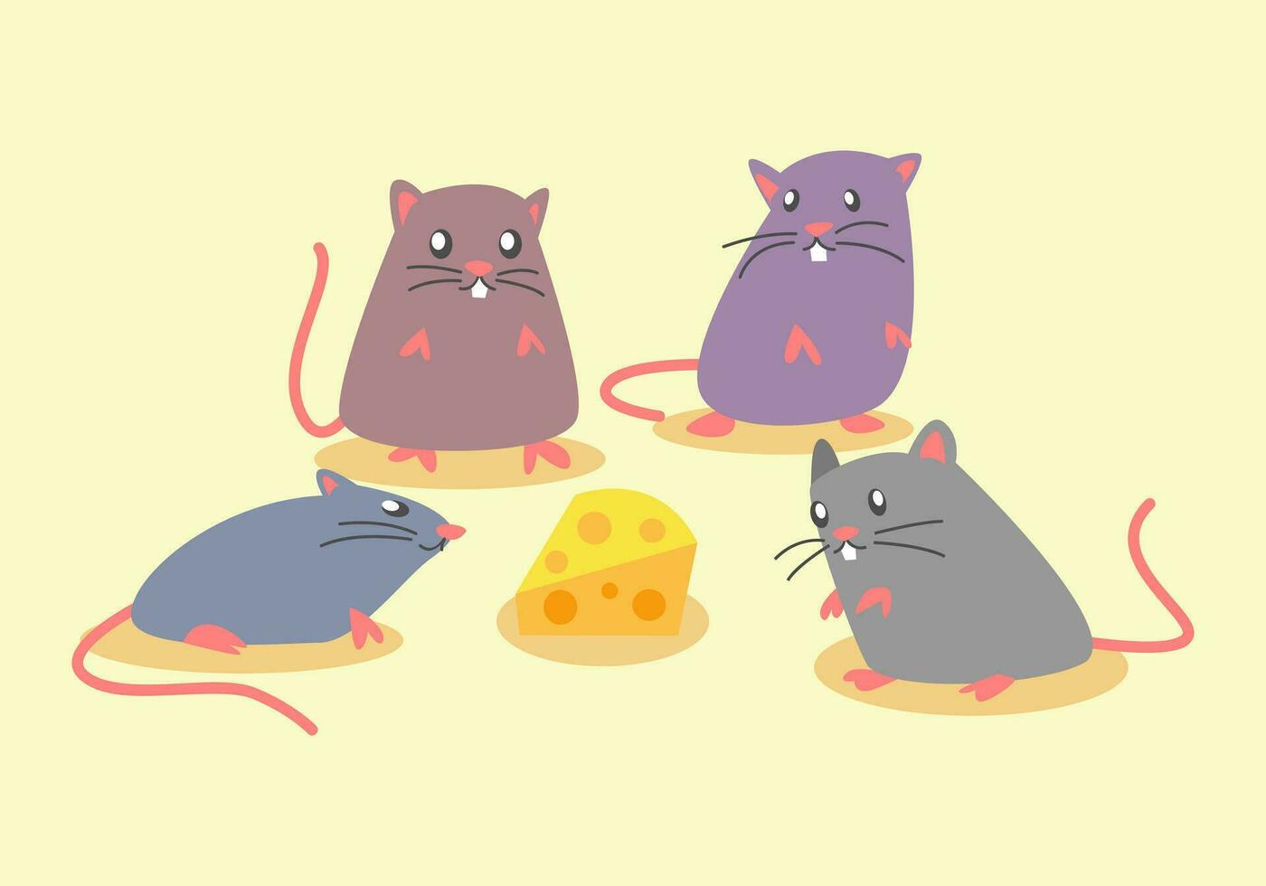 meerdere schattig muizen van verschillend kleuren staren Bij de kaas. vlak tekenfilm. muizen, ratten, dieren, knaagdieren. grafisch vector set.