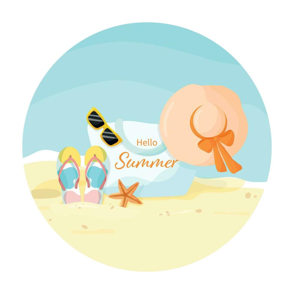 ronde zomer strand illustratie met palm boom, omdraaien flops, hoed en tas. kan worden gebruikt voor ansichtkaarten, reizen advertenties, stickers vector