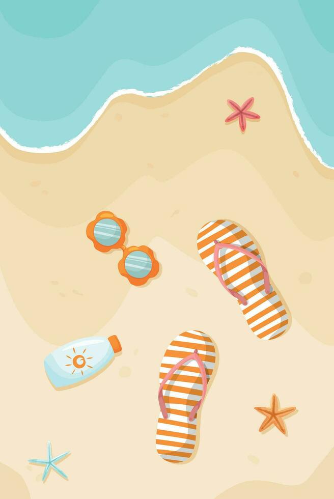 kleurrijk zomer achtergrond met omdraaien flops, zee, zonnebril en zon room. zomer strand achtergrond. strand, zee, geel zand met slippers en zeester. vector illustratie.