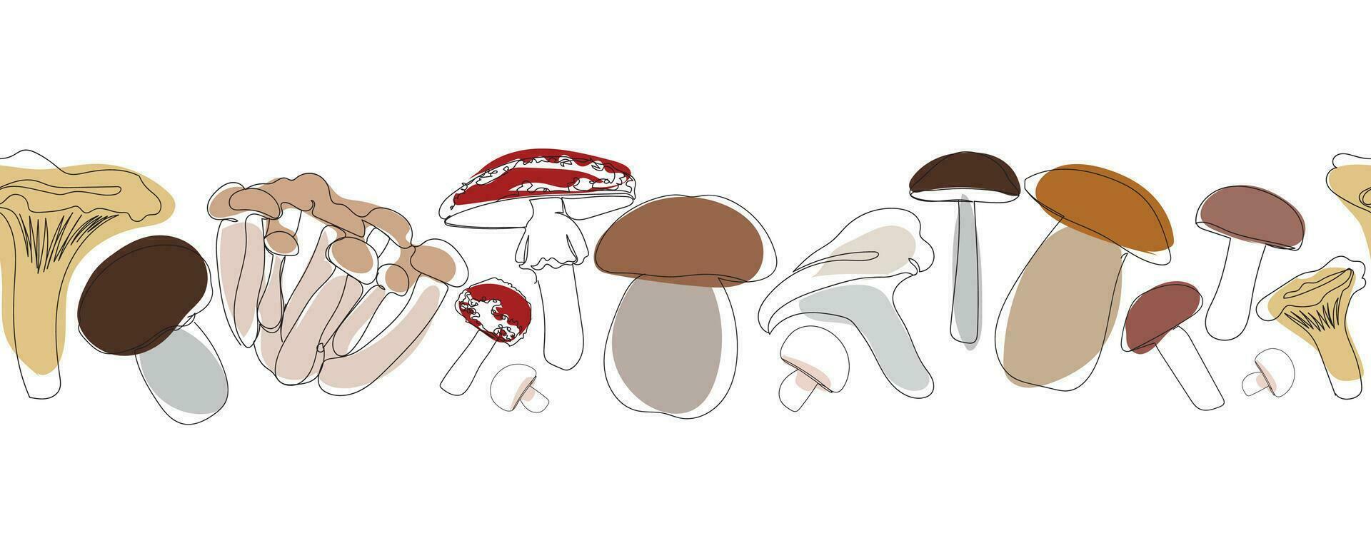 naadloos grens verschillend types van champignons in single doorlopend lijn tekening stijl. schetsen hand- getrokken illustratie. paddestoel vector reeks in schets met gekleurde elementen.