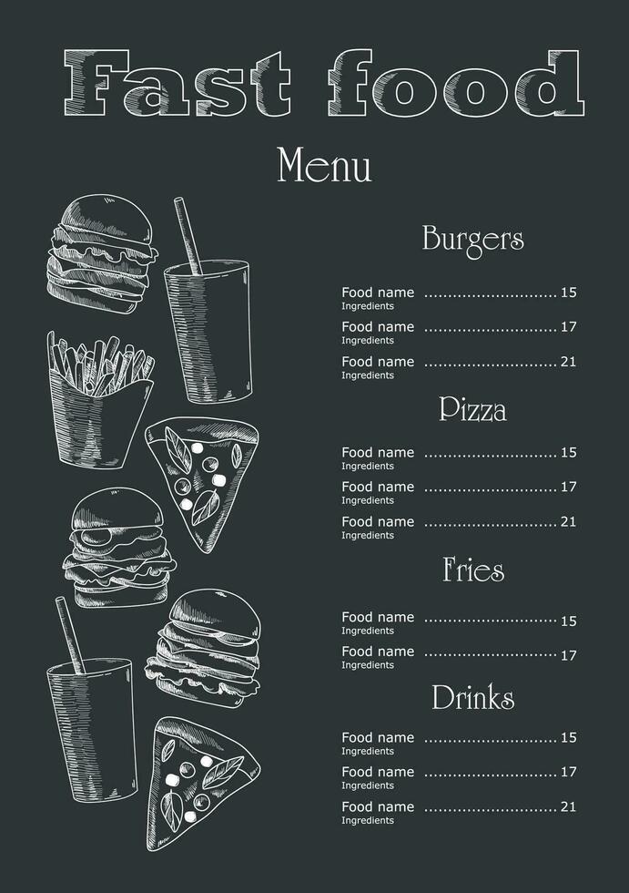 wijnoogst krijt tekening snel voedsel menu. snel voedsel cafe menu sjabloon folder. snel voedsel restaurant menu bord vector sjabloon.