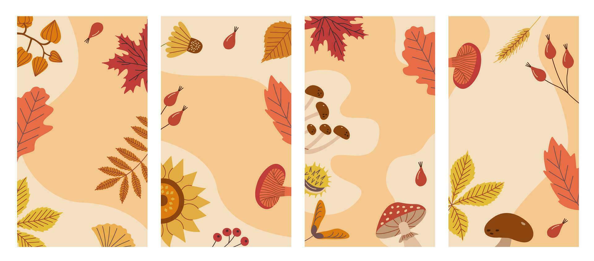 bloemen natuur banners ontwerpen met herfst planten, plaats naar kopiëren tekst. verticaal botanisch achtergronden, bloemen, takken, paddestoelen, bladeren. vlak vector illustratie set.