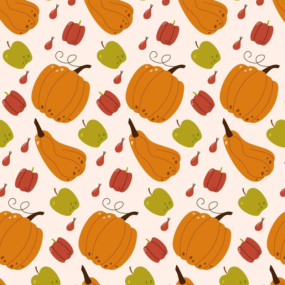 herfst oogst patroon. verzameling van rijp heerlijk groenten, vers fruit, bessen. kleurrijk elegant seizoensgebonden vector illustratie in modern stijl.