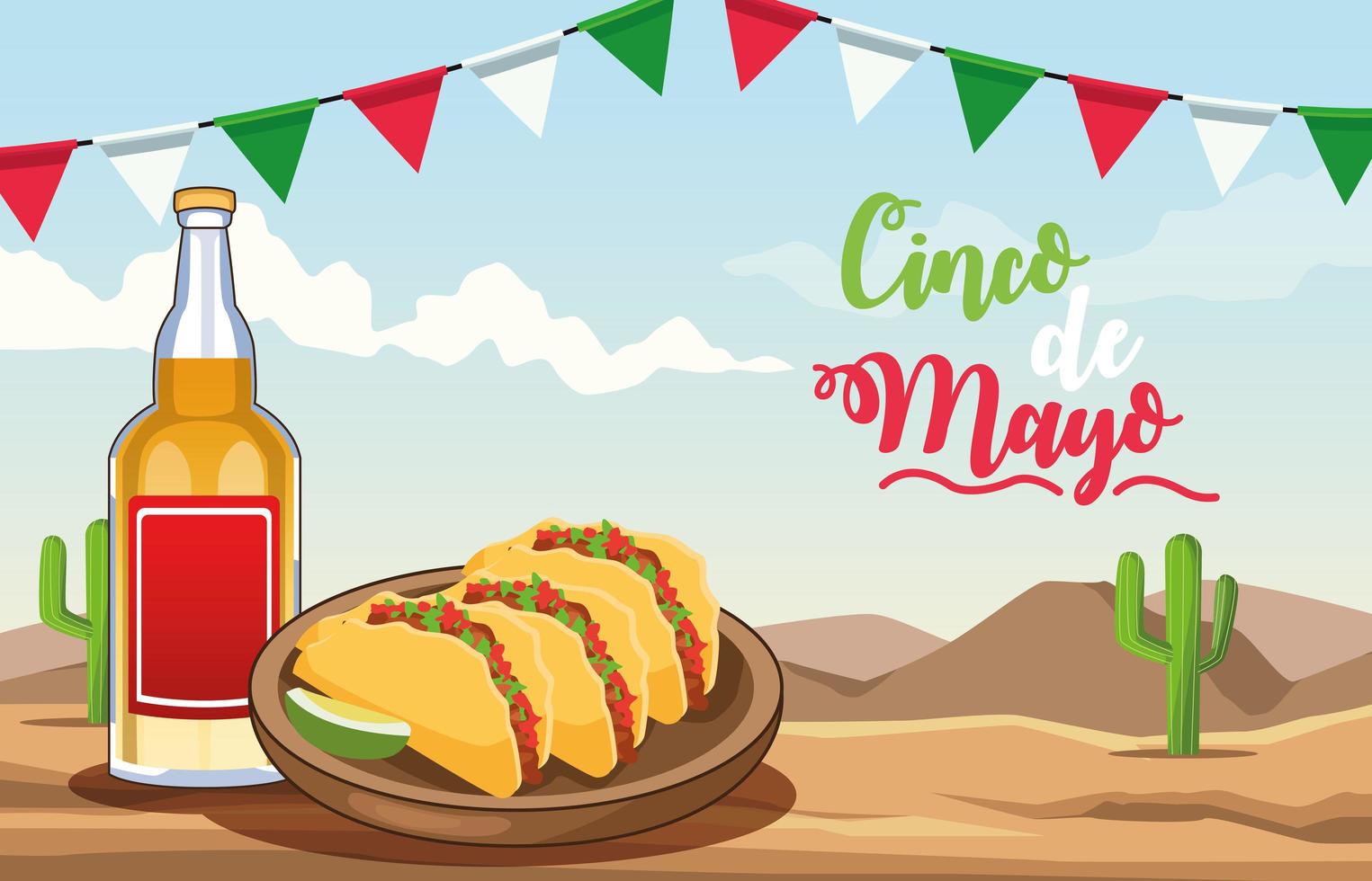 cinco de mayo-feest met tequila en quesadilla-woestijnscène vector