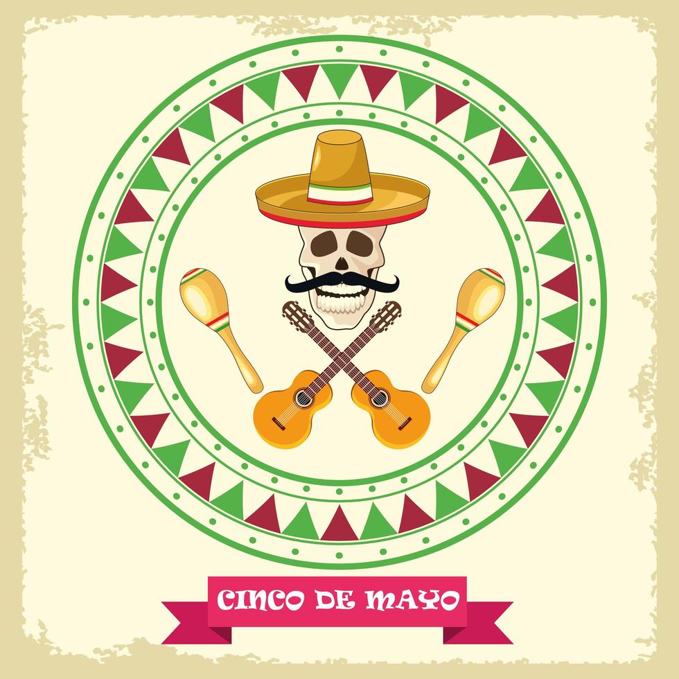 cinco de mayo-feest met cirkelvormig frame met schedel en instrumenten vector