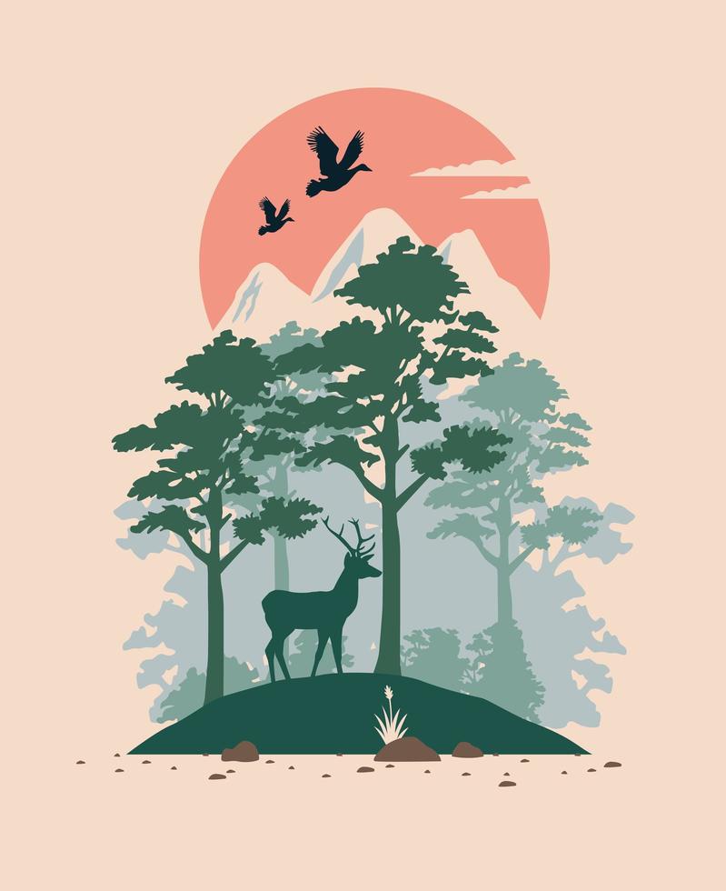 prachtig landschap met rendieren en vogels scene vector