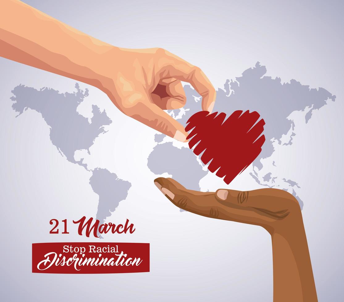 stop racisme internationale dag poster met hand die hart geeft vector