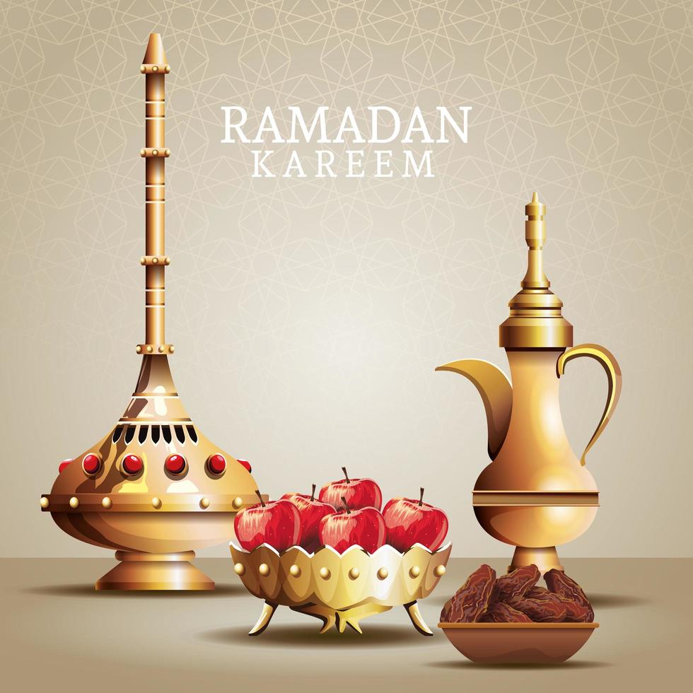 ramadan kareem-viering met gouden gebruiksvoorwerpen en appels vector