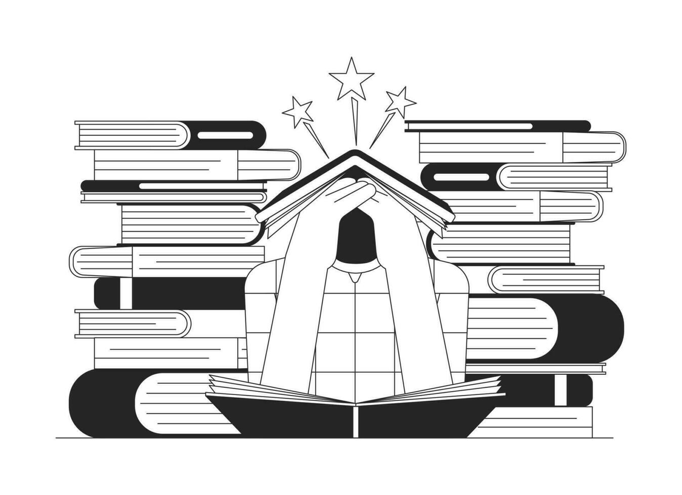 moe schooljongen tussen boeken bw concept vector plek illustratie. depressief leerling lezen literatuur 2d tekenfilm vlak lijn monochromatisch karakter voor web ui ontwerpafbeelding