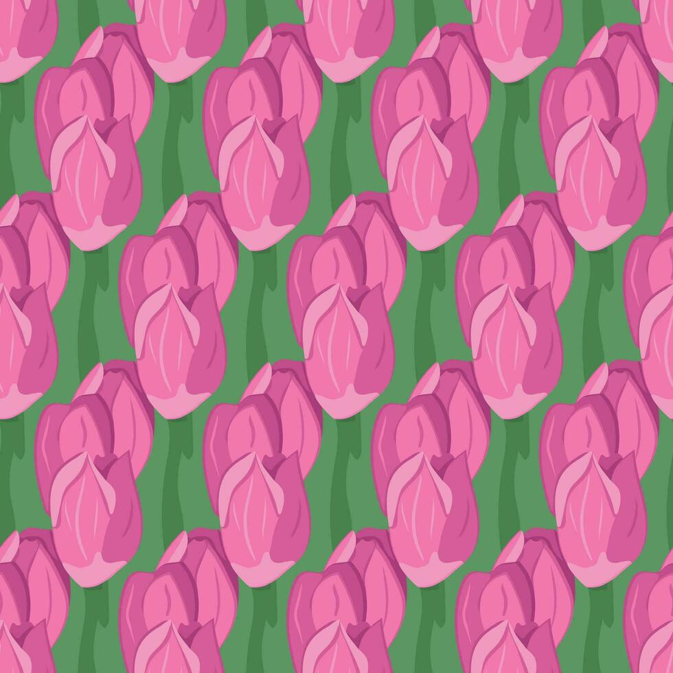 roze tulpen naadloos patroon Aan groen achtergrond. vlak vector hoofd van bloemen Aan groen achtergrond. geschikt voor omhulsel papier, achtergrond, behang, textiel, banier, scrapbooken, decoratie