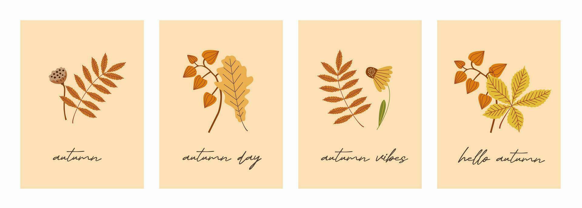 bloemen natuur ansichtkaarten ontwerpen, herfst fabriek en citaten. verticaal botanisch achtergronden, bloemen, takken, bladeren. vector