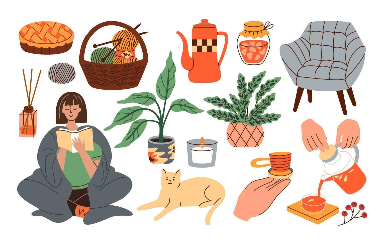 schattig knus herfst. seizoen elementen verzameling, thee, kaars, plant, boek, stoel, kat, garen jam slippers hygge huis vlak vector illustratie